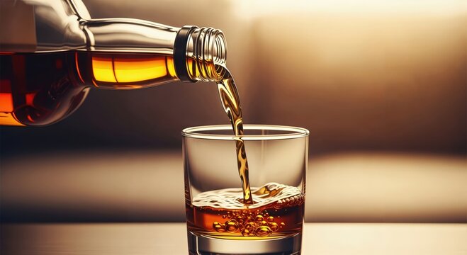 Golden amber liquid being poured from a clear glass bottle into a short tumbler glass, creating bubbles and a rich, inviting beverage