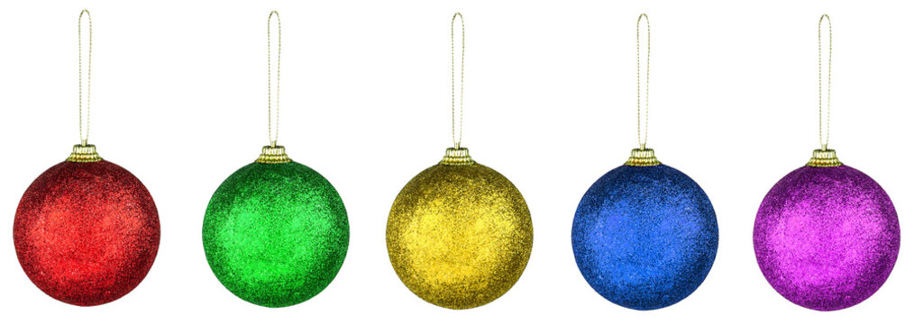 A set of five isolated colorful glitter christmas ball ornaments. For holiday designs, templates, web banners, and seasonal marketing materials.