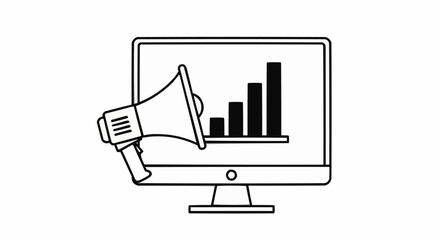 Digital Marketing and Advertising Growth with Megaphone and Bar Chart on Monitor.