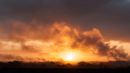Fototapeta premium Vibrant sunrise with dramatic stormy clouds orange glow and smoke plumes rising from a dark silhouetted landscape at dawn