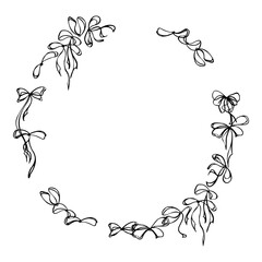 Circular wreath made of tied ribbon bows and flowing loops, curving flowing lines. Hand drawn vector ink illustration. Wedding invitation, festive logo frame, Valentine romantic decor, florist shop.