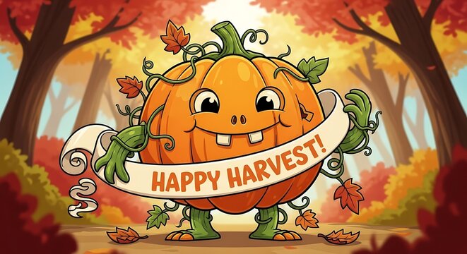 Cartoon pumpkin character with fall leaves banner harvest season illustration - Powered by Adobe