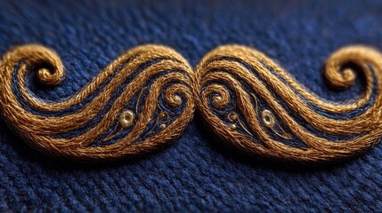 A detailed close-up of a golden mustache emblem with swirling patterns and small golden beads, set against a textured navy blue fabric.