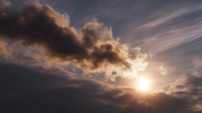 Dramatic sky with sun breaking through dark swirling clouds at dusk - Powered by Adobe