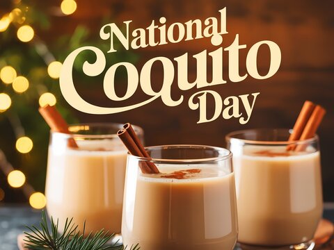 Celebrate national coquito day with festive drinks garnished with cinnamon sticks and a hint of christmas tree lights