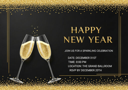 Raise a glass to a spectacular New Year's Eve celebration with sparkling champagne and festive gold glitter accents!