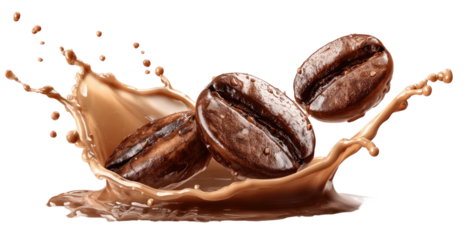 Rich coffee beans splashing in a creamy brown liquid