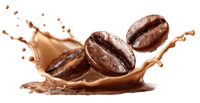 Rich coffee beans splashing in a creamy brown liquid