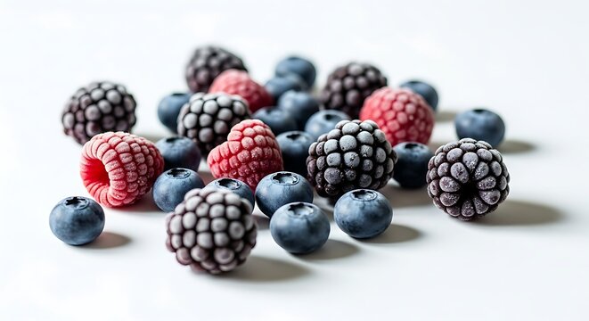 Pile of frozen mixed berries including raspberries blueberries and blackberries