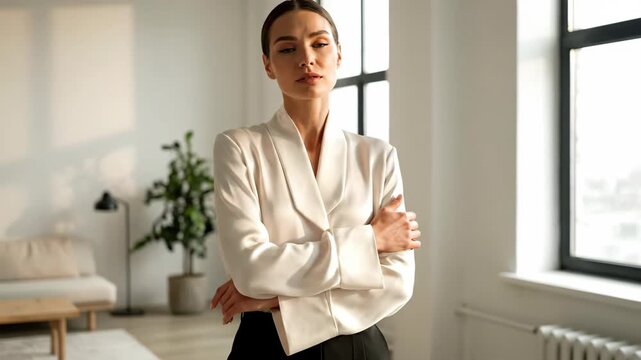 Elegant woman in white blouse looking down in modern interior