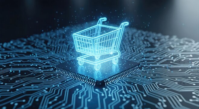 Digital Shopping Cart on Circuit Board Background for E-Commerce and Online Retail Innovation - Powered by Adobe