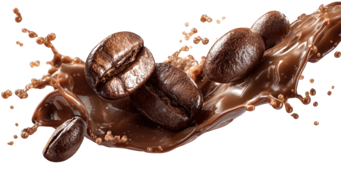 Dark roasted coffee beans splash into rich chocolate fluid