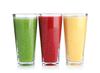 Yummy smoothies of different flavors in glasses isolated on white