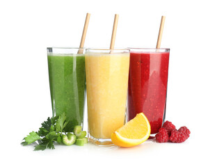 Different yummy smoothies in glasses and ingredients isolated on white