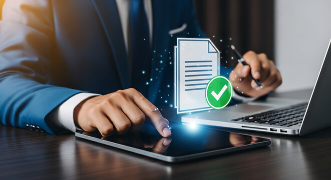 Businessman using a digital tablet with a document and check mark illustration, with a laptop in the background, representing digital document management and approval