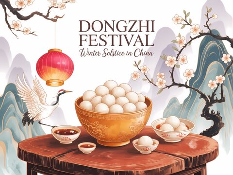 Traditional dongzhi festival celebration with tangyuan and crane illustration - Powered by Adobe