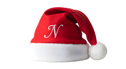 Red santa claus hat with letter n isolated on transparent background