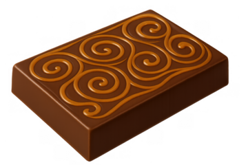 Chocolate caramel candy bar with decorative golden swirls, a sweet dessert or confectionery treat