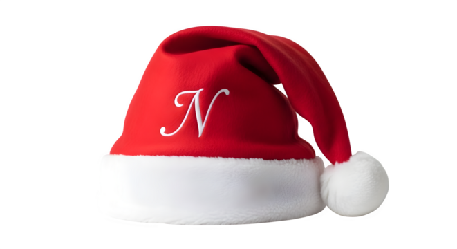 Red santa claus hat with letter n isolated on transparent background