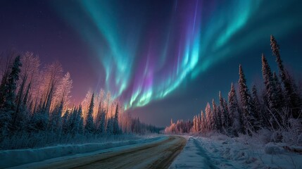 A breathtaking display of the aurora borealis illuminates the night sky over a snowcovered forest road