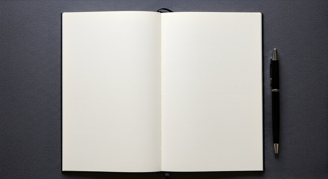 Open notebook with blank pages next to a black pen on a dark textured surface