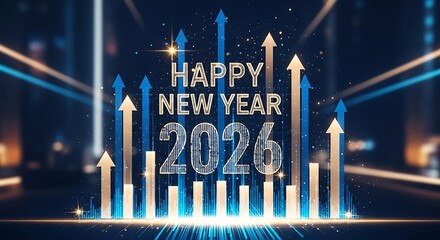 Happy new year 2024 with futuristic glowing upward arrows and bright lights symbolizing growth and success