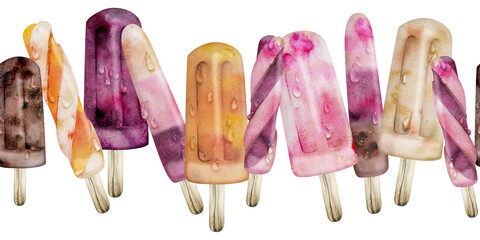 Orange, mixed fruit and berries gelato ice pop, assorted lollies ice bar sticks. Isolated seamless banner border header hand drawn in watercolor. Artisan branding, cafe flyer, sweet product wrap.