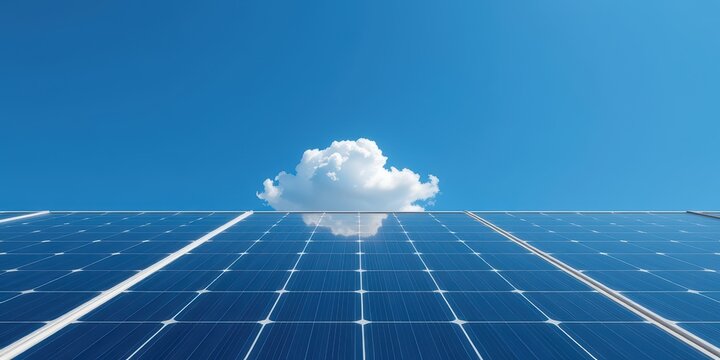 Solar panels reflecting the sky with a single cloud above them.