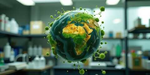 A globe with microbes, symbolizing global health and science in a lab setting.