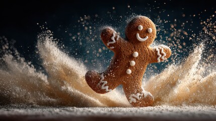 Festive gingerbread man cookie dancing in a flurry of sugar, capturing the joy of the holiday season