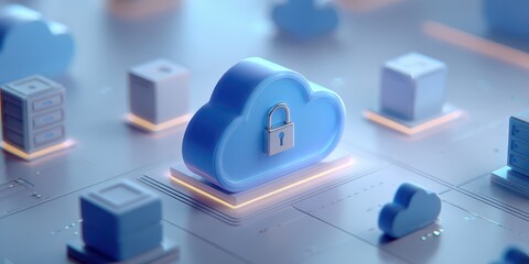 Cloud computing security concept with a padlock on a cloud, representing data protection and privacy
