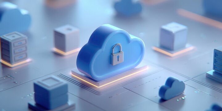 Cloud computing security concept with a padlock on a cloud, representing data protection and privacy