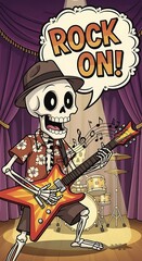 Obraz premium Cartoon skeleton playing guitar on stage under spotlight during performance