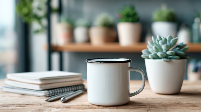 Cozy workspace with succulent, mug, and notebooks on wooden desk with blurred background - Powered by Adobe