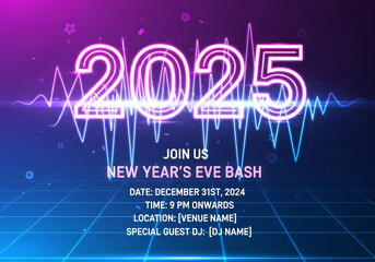 Dynamic neon 2025 New Year's Eve bash invitation with vibrant party lights and countdown energy