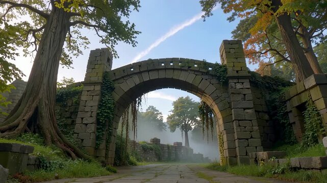 Ancient Stone Bridge in Misty Forest with Towering Trees and Ethereal Light.