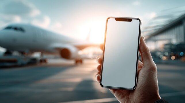 Hand holding smartphone with blank screen at airport with airplane in background during sunny day