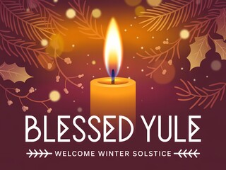 Warm glowing candle illuminates a festive blessed yule welcome winter solstice scene