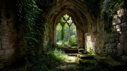 Obraz premium Sunlit Gothic Arch Window in Overgrown Stone Ruin.