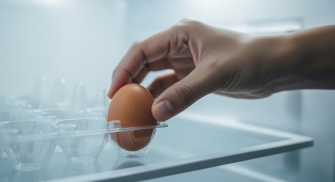 Hand taking a single brown egg from an empty plastic egg carton inside a refrigerator.