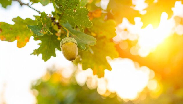 Oak tree leaves in autumn with acorn. Sunny golden background,AI.