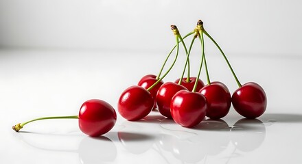 Fresh red cherries with stems on a white background