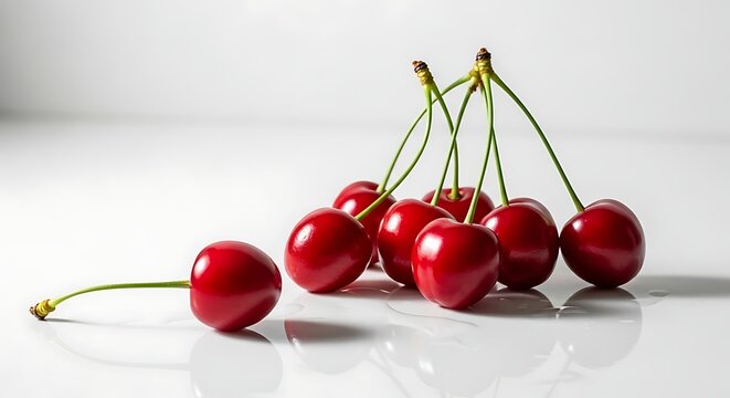 Fresh red cherries with stems on a white background