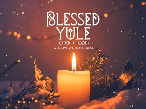 Warm and glowing blessed yule candle surrounded by festive decorations and twinkling lights