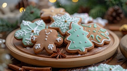 Festive assortment of colorful gingerbread cookies with cozy holiday atmosphere and natural accents