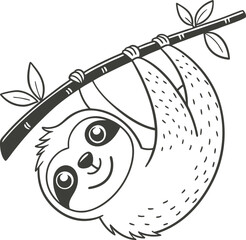 Naklejka premium Cute hand drawn sloth hanging from a tree branch with leaves