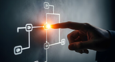 Hand touching glowing digital interface with flowchart and connection lines