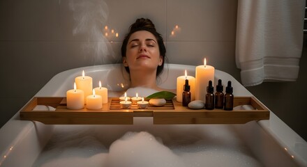 Woman relaxing in a bubble bath with lit candles and aromatherapy oils on a wooden tray above tub