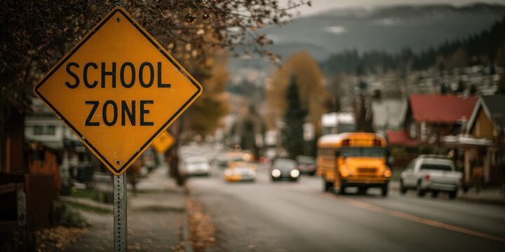A school zone sign on a street with a school bus and cars in the background on a fall day