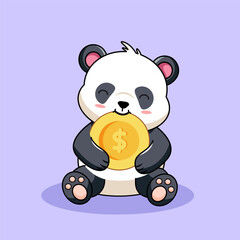 Cute Panda Eating a Gold Dollar Coin in a Funny and Playful Way Vector Illustration Cartoon Design